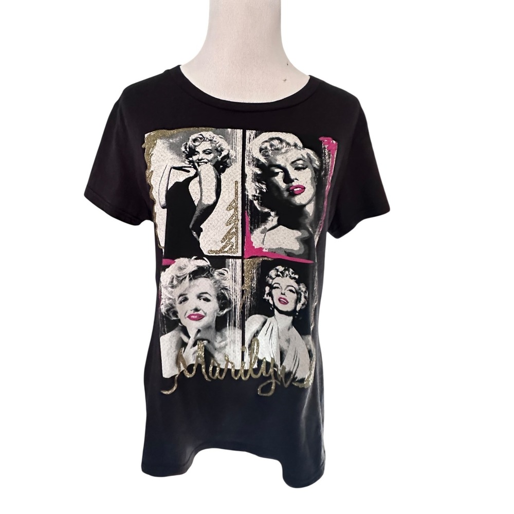 Marilyn Monroe Women's 2X Black Pop Art Graphic Tee Pink Lips Glitter‎